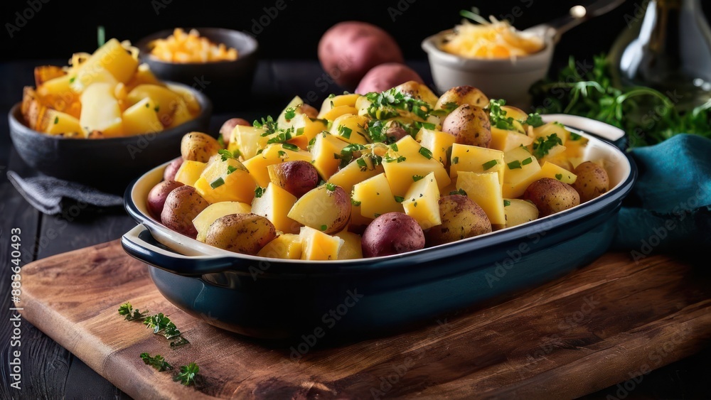 a bowl of potatoes and potatoes on a cutting board a bowl of potatoes and potatoes on a cutting board