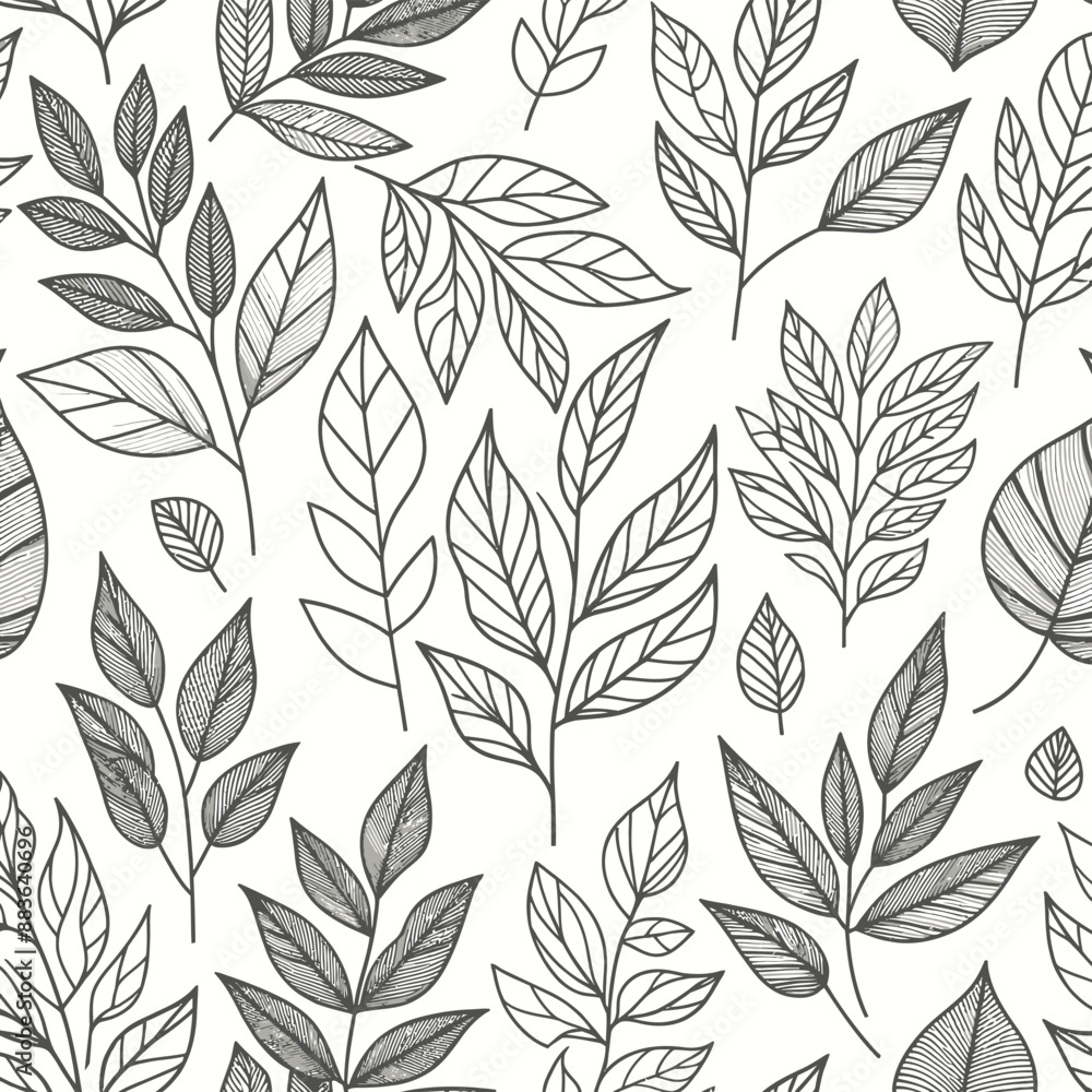 Seamless pattern of leaves in line art style Seamless pattern of leaves in line art style
