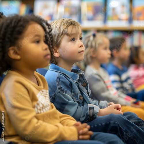 Young children listening closely during story time at the library.