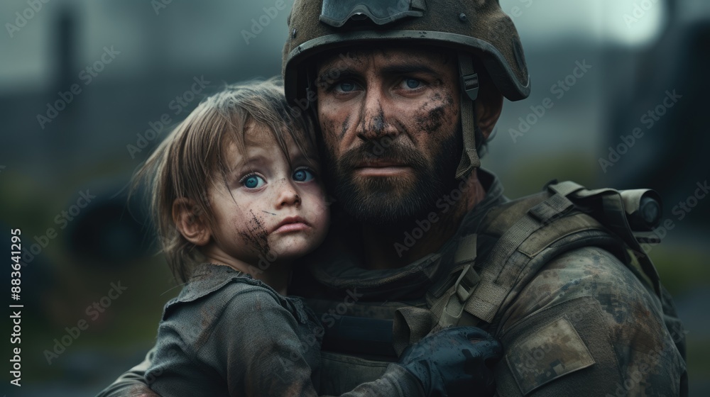 Brave Soldier Rescuing Distressed Child in Devastated Village Amidst Chaos Brave Soldier Rescuing Distressed Child in Devastated Village Amidst Chaos
