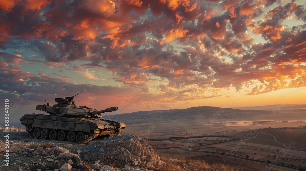 Dominating the Battlefield - Merkava Tank on Hilltop with Dramatic Sky in Background Dominating the Battlefield - Merkava Tank on Hilltop with Dramatic Sky in Background