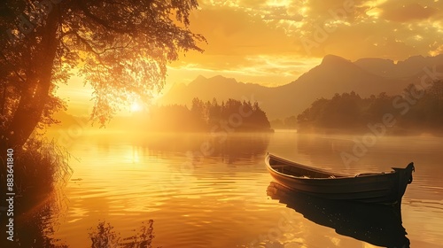 A golden sunset casting warm hues over a tranquil lake with a lone boat drifting © Photos Hub