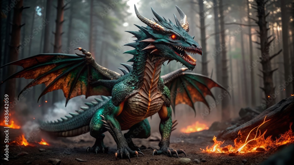 Fearsome, razor-toothed, fiery-eyed, scaly, emerald-green, dragon-like creature with sharp claws and wings, standing alone in a dark, ominous, misty forest landscape. Fearsome, razor-toothed, fiery-eyed, scaly, emerald-green, dragon-like creature with sharp claws and wings, standing alone in a dark, ominous, misty forest landscape.