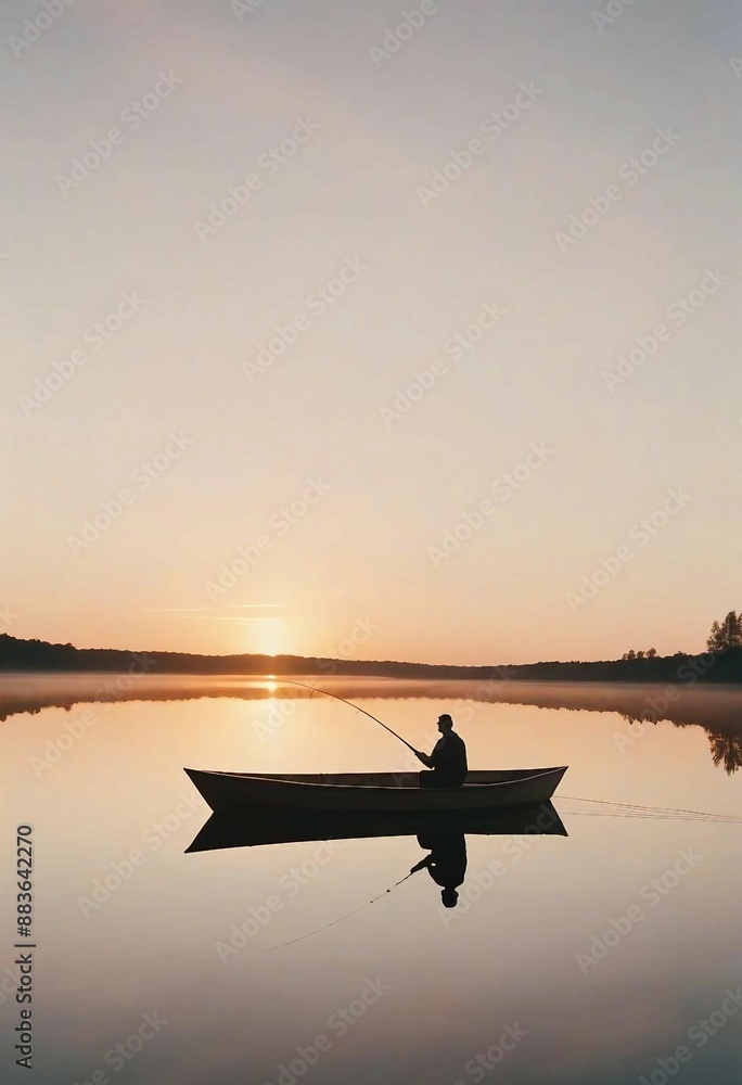 Lone male figure silhouetted against a vibrant sunset sky, fishing from a small wooden boat on a tranquil, reflective river
Lone male figure silhouetted against a vibrant sunset sky, fishing from a small wooden boat on a tranquil, reflective river