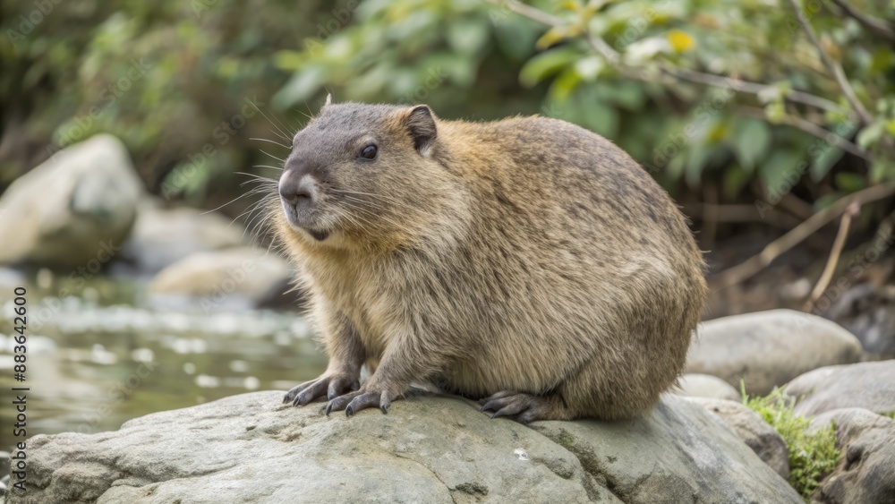 Large rodent with coarse fur and webbed feet sitting alone on a rocky riverbank surrounded by lush green vegetation. Large rodent with coarse fur and webbed feet sitting alone on a rocky riverbank surrounded by lush green vegetation.
