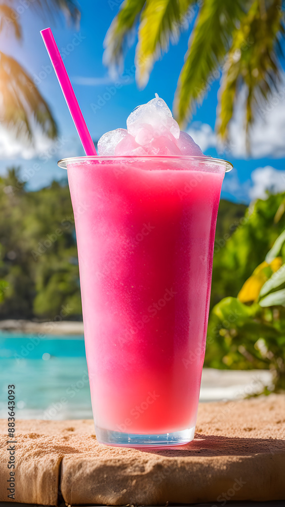 Colorful pink slushie drink in plastic cup on blurred tropical background with sunbeam. Multicolored frozen juice cocktail Slush. Summer tropical crushed ice beverage. Banner with copy space, ai Colorful pink slushie drink in plastic cup on blurred tropical background with sunbeam. Multicolored frozen juice cocktail Slush. Summer tropical crushed ice beverage. Banner with copy space, ai