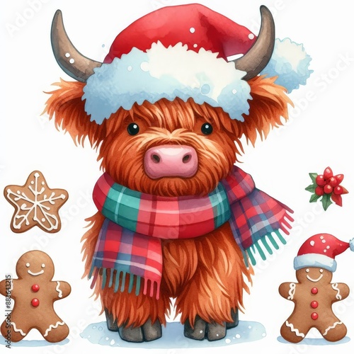 Cute Highland cow wearing a Santa hat and scarf, surrounded by gingerbread cookies. Perfect for Christmas cards and festive designs.