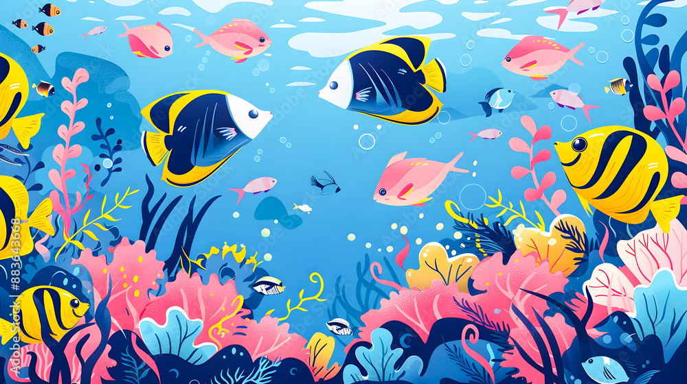 Naklejka premium Vibrant Underwater Fish Ecosystem with Colorful Coral Reef Background A serene and peaceful underwater scene showcasing a diverse array of tropical fish swimming amid a lush vibrant coral reef