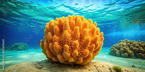 A detailed close-up photo of a vibrant marine sea sponge in crystal clear ocean waters photo