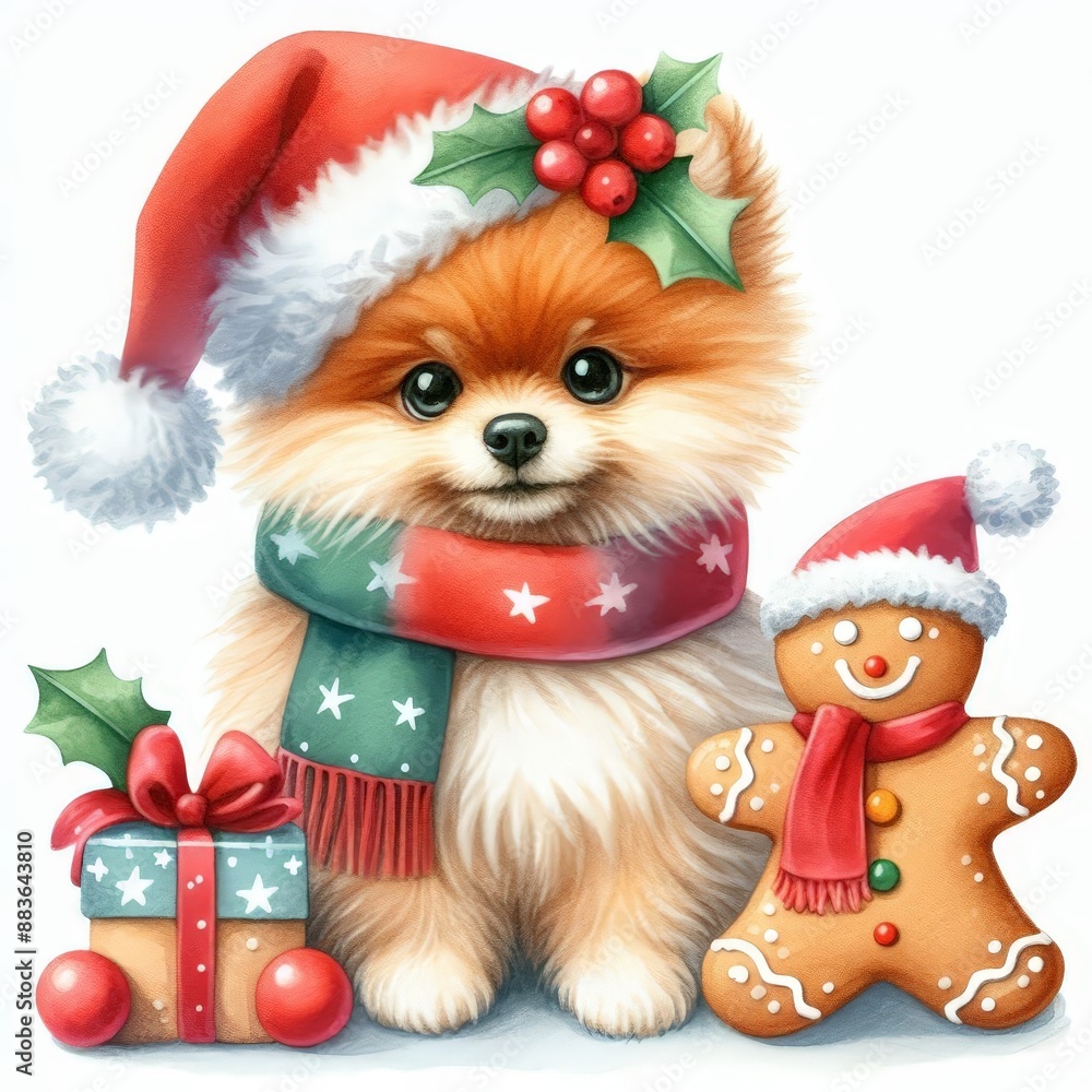 Cute Pomeranian puppy wearing a Santa hat and scarf next to a gingerbread man and Christmas presents. Cute Pomeranian puppy wearing a Santa hat and scarf next to a gingerbread man and Christmas presents.