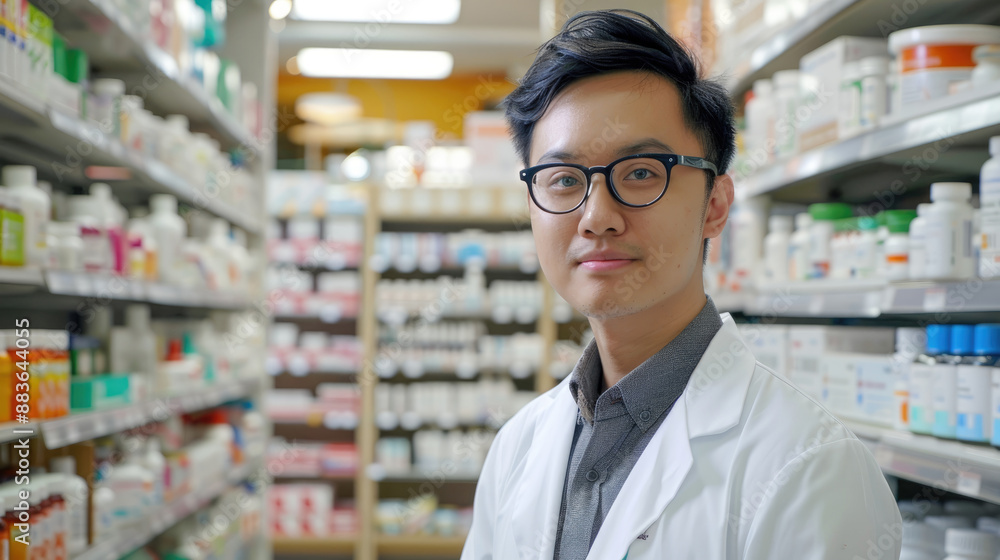 A male model wearing glasses and a white lab coat stands in front of shelves filled with various health products, looking directly at the camera A male model wearing glasses and a white lab coat stands in front of shelves filled with various health products, looking directly at the camera