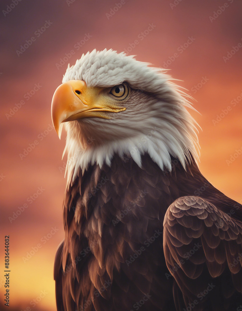 Obraz premium portrait of bald eagle, dramatic sunset colors painting the sky with warm hues, blurry background 