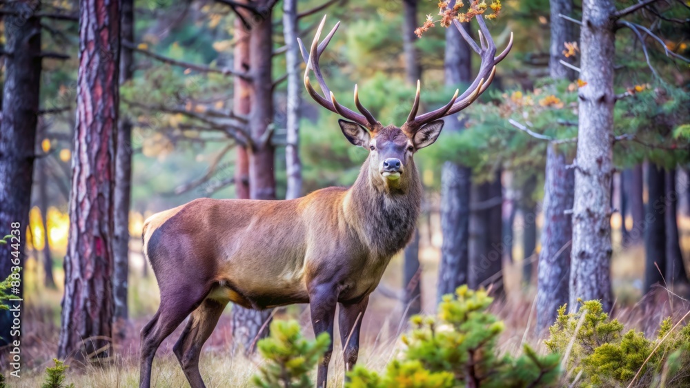 Naklejka premium Majestic brown deer stands alert in autumn forest landscape surrounded by pine trees and grass with impressive antlers.
