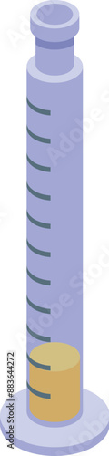 Graduated cylinder containing liquid is standing on a surface, possibly being used for measuring in a laboratory setting