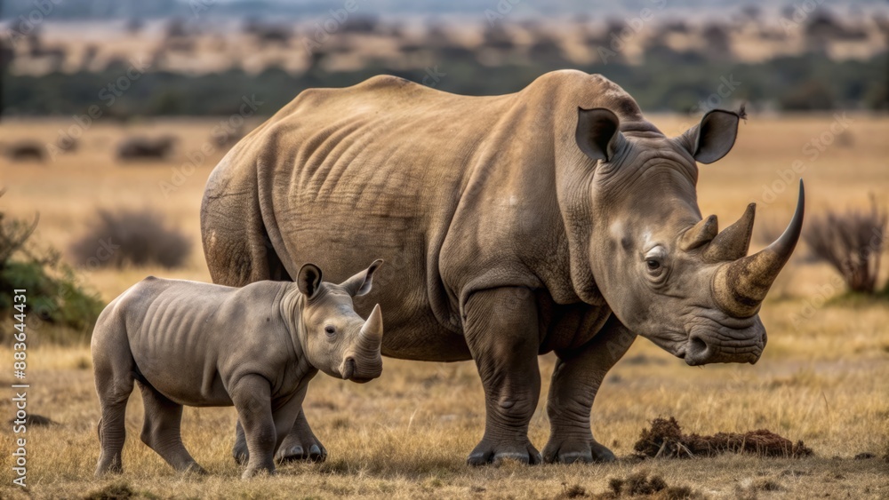 mother rhinoceros and her calf standing in a studio set designed to look like a dry savannah with sparse bushes. mother rhinoceros and her calf standing in a studio set designed to look like a dry savannah with sparse bushes.