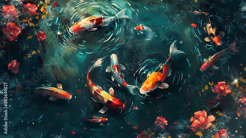 Colorful koi fish swim gracefully in a tranquil pond surrounded by vibrant aquatic plants and delicate flowers