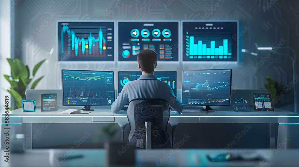 3D Flat Icon Chief Investment Officer with Digital Portfolio in High Tech Office Concept 3D Flat Icon Chief Investment Officer with Digital Portfolio in High Tech Office Concept