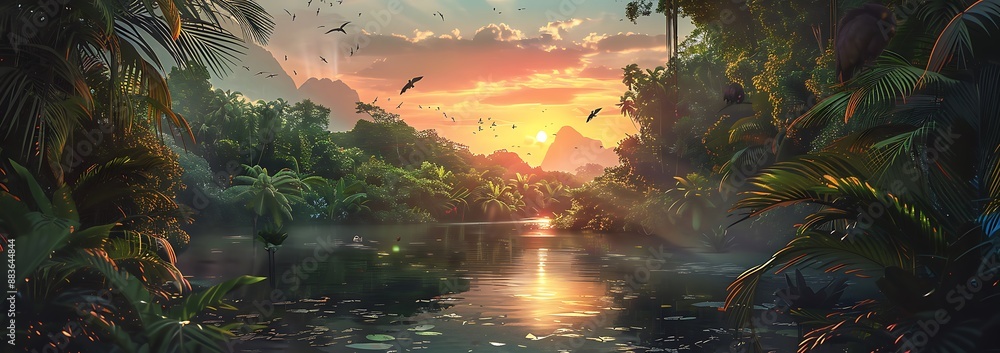 Sunset over a tropical rainforest oasis with river and mountains Sunset over a tropical rainforest oasis with river and mountains