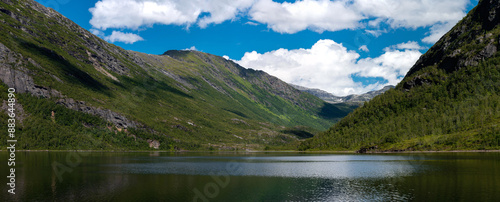 Panorama over Glomdalsvatnet and Glomdalstinden, from hike outside och Marmorslottet towards Pikhauga, Helgeland, Norway. Lone mountain lake, Norge
