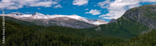 Panorama of Steintind, Svartisheia, Blåtinden, seen from glomsdal. View from hike around Marmorslottet, Rana, Helgeland, Norway. Fjelltur i NordNorge. High resolution scandinavian mountain in summer