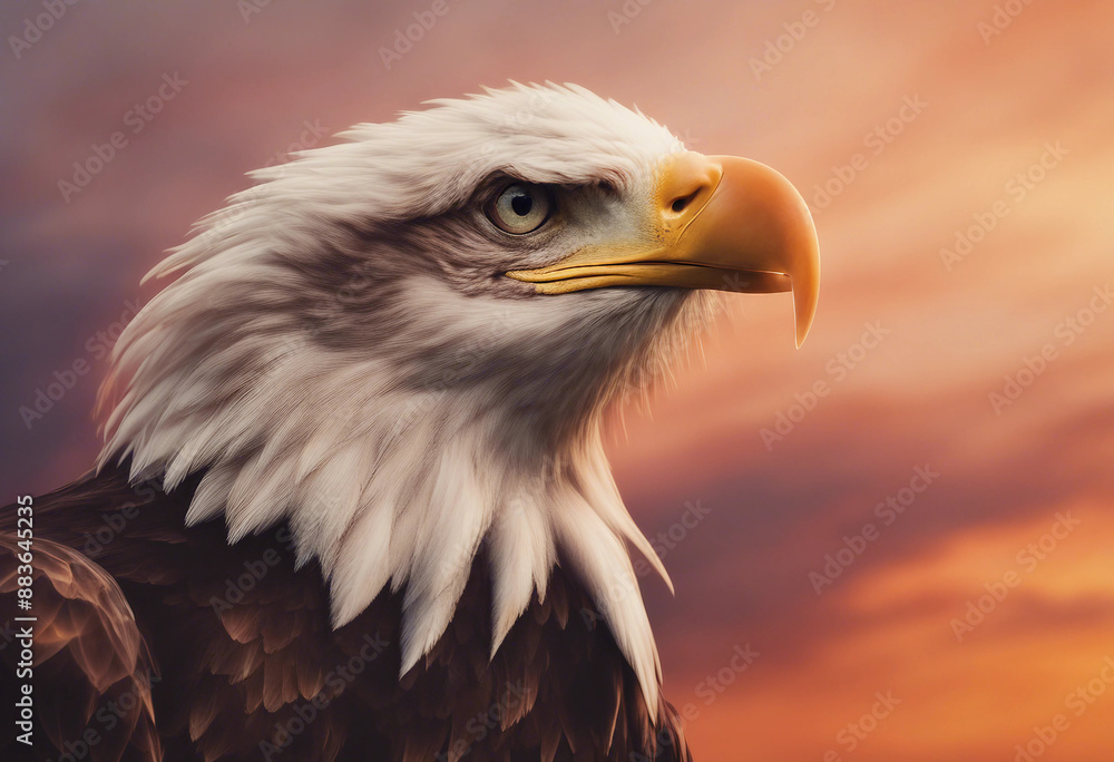 Fototapeta premium portrait of bald eagle, dramatic sunset colors painting the sky with warm hues, blurry background 