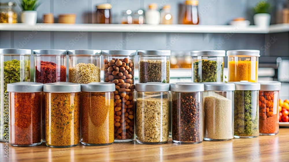 Plastic containers filled with various dry spices on a kitchen counter , spices, cooking, seasoning, herbs, containers Plastic containers filled with various dry spices on a kitchen counter , spices, cooking, seasoning, herbs, containers