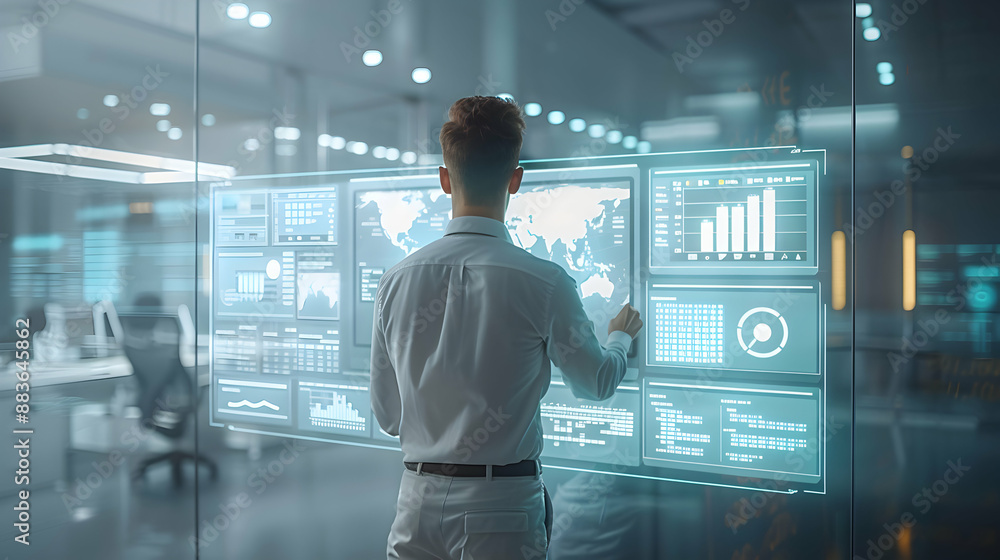 3D Flat Icon of Compliance Officer Analyzing Financial Metrics in Hi Tech Office with Digital Dashboard Interface Innovative Compliance Environment Concept on White Background 3D Flat Icon of Compliance Officer Analyzing Financial Metrics in Hi Tech Office with Digital Dashboard Interface Innovative Compliance Environment Concept on White Background