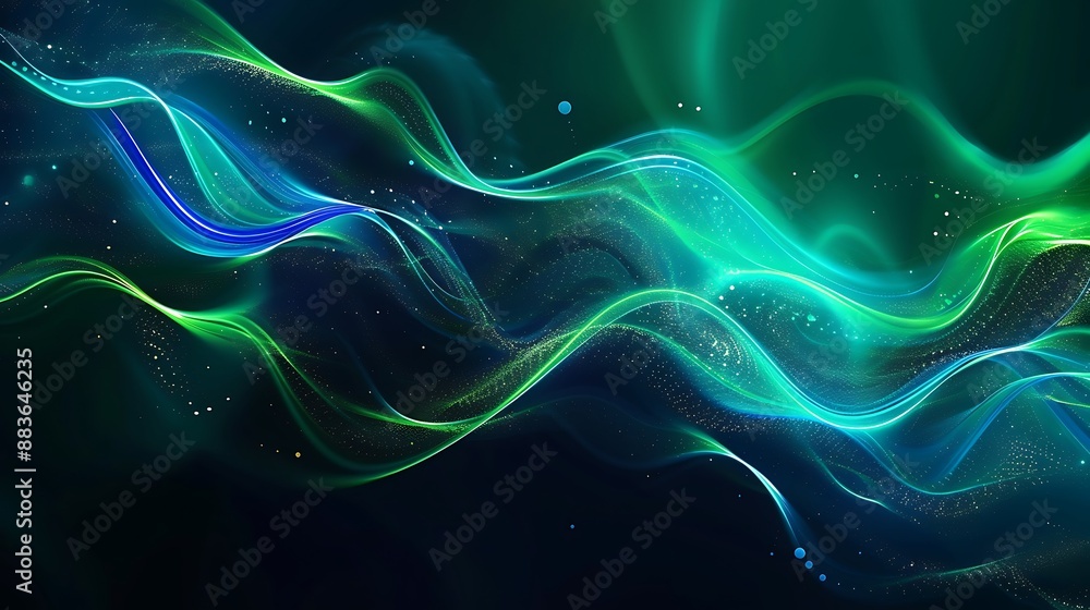 Glowing teal and green digital waves with glowing particles on a dark background Glowing teal and green digital waves with glowing particles on a dark background