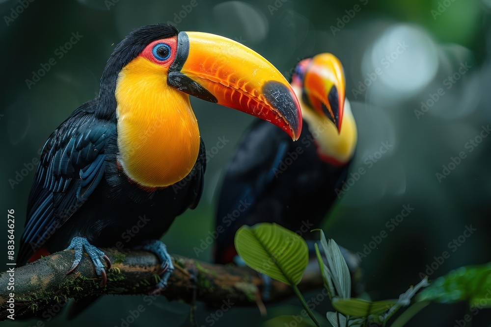 Obraz premium Two Toucans Perched on a Branch in a Lush Rainforest Setting