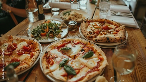 Delicious pizzas and salad on a wooden table in a restaurant