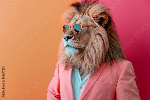 A stylish lion wearing sunglasses and a summer suit on a color background. This funny pop art image can be used for animal-themed events, fashion promotions,...