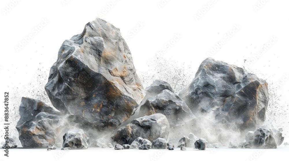 Rock Splatter Background Rock stone white background fall black falling space isolated splash ...