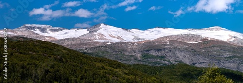 Panorama of Steintind, Svartisheia, Blåtinden, seen from glomsdal. View from hike around Marmorslottet, Rana, Helgeland, Norway. Fjelltur i NordNorge. High resolution scandinavian mountain in summer photo