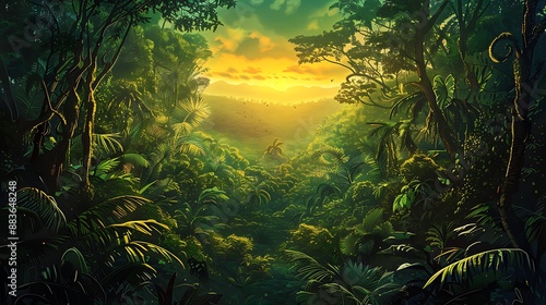 Lush green jungle foliage with vibrant sunset in the background