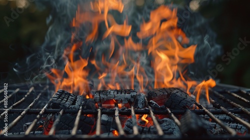 Flames engulfing charcoal on a barbecue grill photo