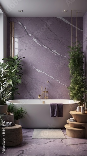 modern bathtub with the purple marble background plants decoration