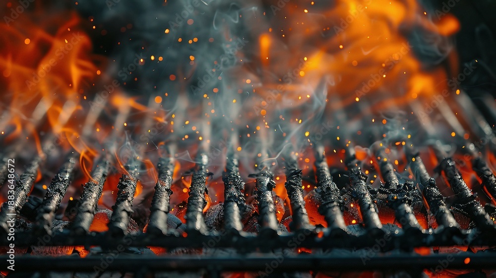 Glowing orange embers and sparks rising from a charcoal grill grate Glowing orange embers and sparks rising from a charcoal grill grate