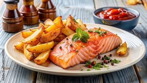 Dish of salmon with black pepper sauce and golden fried potatoes