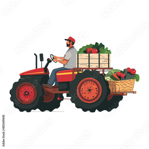 Farmer driving tractor with fresh produce, agriculture and harvesting concept