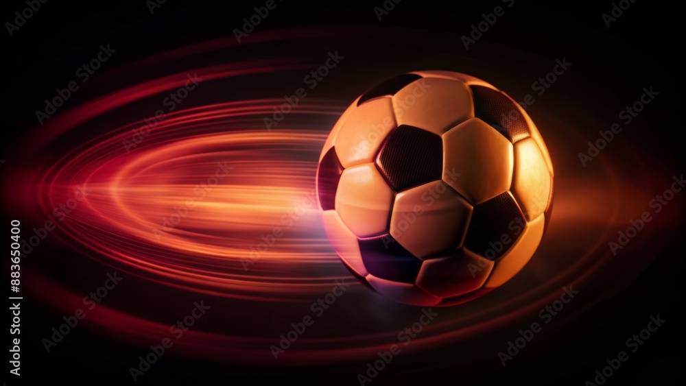 Obraz premium Isolated spinning soccer ball with blurred motion effect on a black background, conveying energy, dynamism, and intense sportive atmosphere.