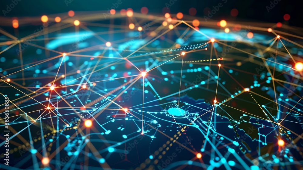 A futuristic digital representation of a global network, with bright lines and nodes depicting data transfer and information exchange. The abstract map emphasizes the role of cyber technology in A futuristic digital representation of a global network, with bright lines and nodes depicting data transfer and information exchange. The abstract map emphasizes the role of cyber technology in