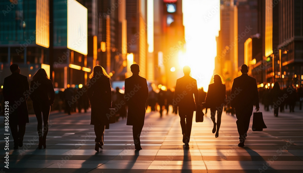 silhouettes of business people crossing the pedestrian walkway in new york, sunset cityscape
silhouettes of business people crossing the pedestrian walkway in new york, sunset cityscape