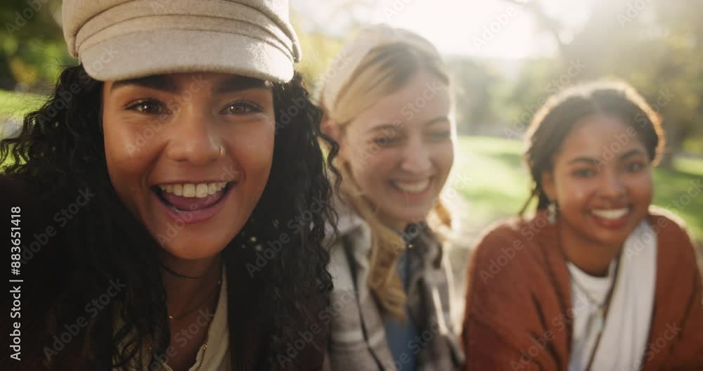 Outdoor selfie, face and women friends with laughing for social media update and post for online blog. Gen z girls, influencer and picture or live streaming together in nature with happy smile Outdoor selfie, face and women friends with laughing for social media update and post for online blog. Gen z girls, influencer and picture or live streaming together in nature with happy smile