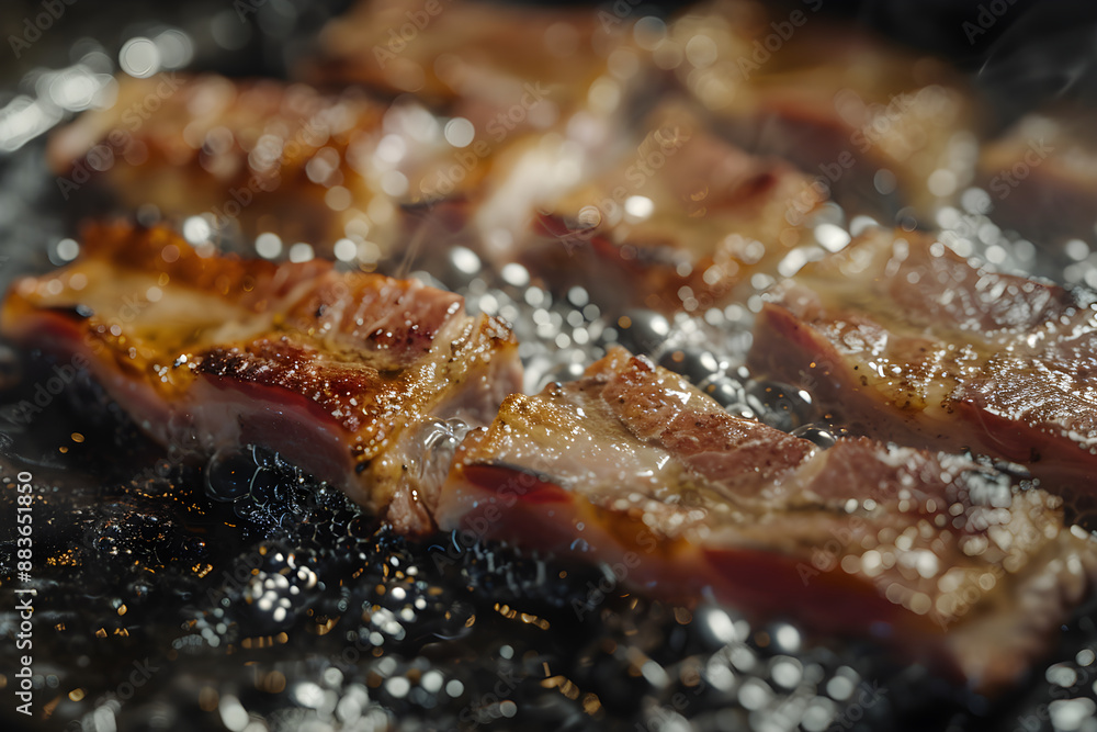 Close-Up of Crispy Artisanal Bacon Strips Sizzling in Frying Pan - Perfect Balance of Fat and Meat for Delicious Breakfast Close-Up of Crispy Artisanal Bacon Strips Sizzling in Frying Pan - Perfect Balance of Fat and Meat for Delicious Breakfast