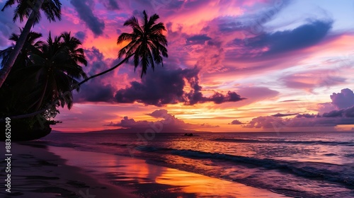 Best most exotic travel landscape Majestic sunset beach Coconut palm tree silhouettes fantastic colorful sky clouds Closeup waves sand Stunning tropical nature scene panoramic island p : Generative AI