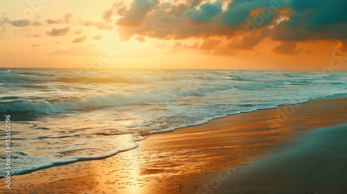 Closeup of sea beach and colorful sunset sky Panoramic beach landscape Empty tropical beach and seascape Orange and golden sunset sky soft sand calmness tranquil relaxing sunlight summ : Generative AI