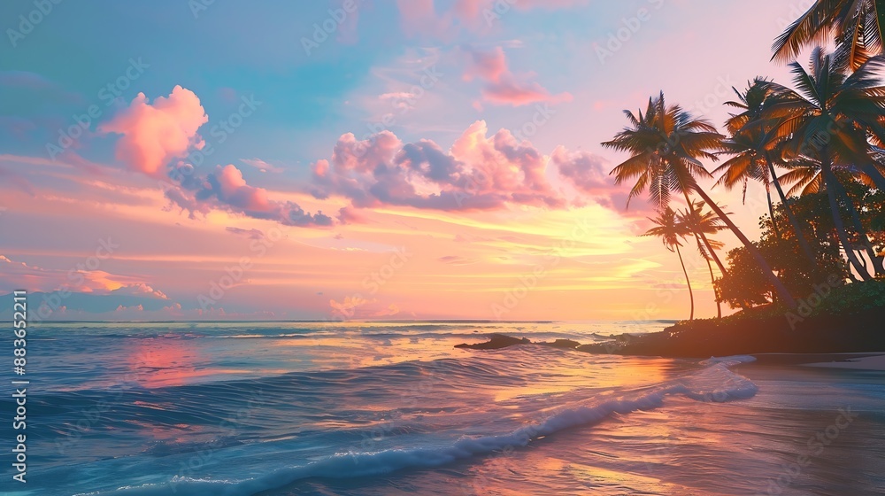 View of tropical paradise beach at sunset with palm trees and ocean kahala hawaii united states : Generative AI View of tropical paradise beach at sunset with palm trees and ocean kahala hawaii united states : Generative AI
