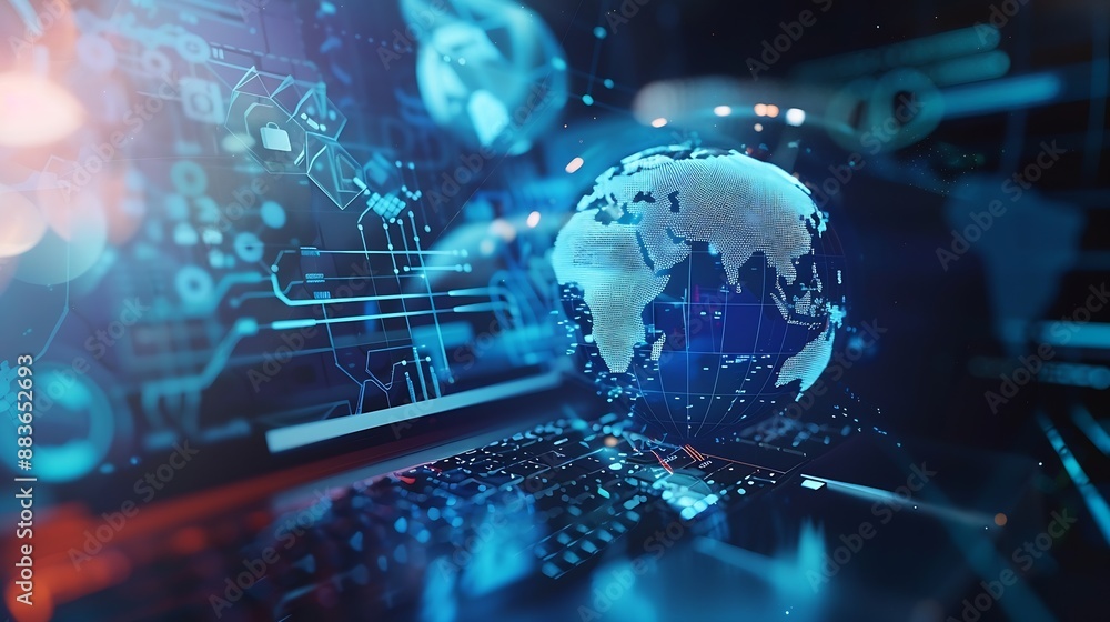 Close up of laptop on desktop with polygonal globe hologram on blurry background World map with global social network Future concept Blue futuristic background with planet Double expos : Generative AI Close up of laptop on desktop with polygonal globe hologram on blurry background World map with global social network Future concept Blue futuristic background with planet Double expos : Generative AI