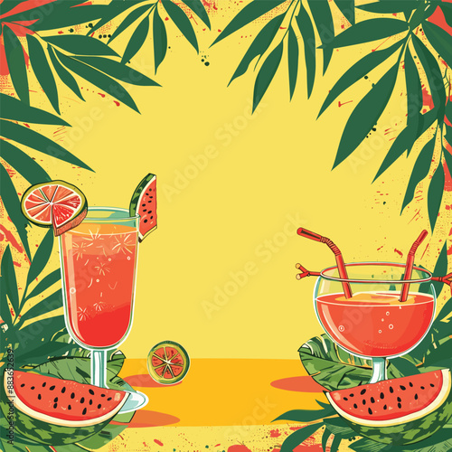 Summer Cocktails with Watermelon and Palm Leaves