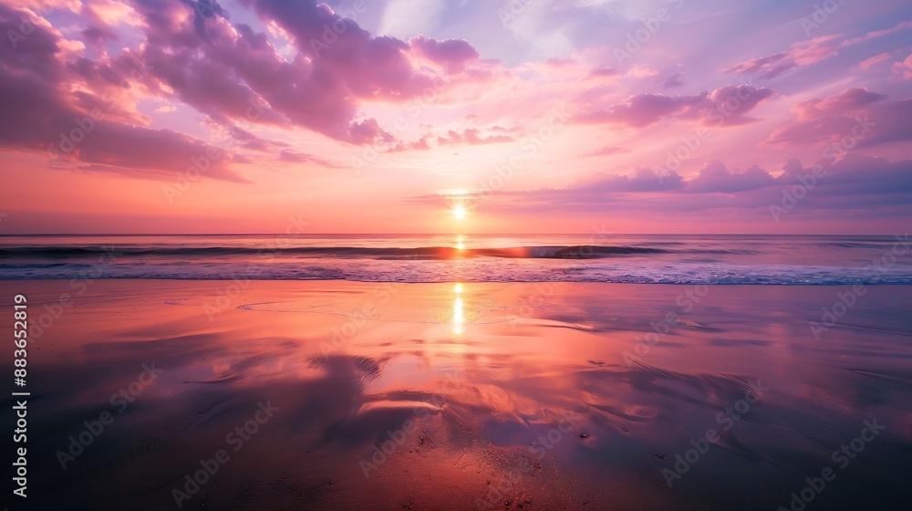 Naklejka premium Capture the mesmerizing beauty of a beach sunset with this stunning photograph As the sun dips below the horizon the sky is painted in a breathtaking palette of warm oranges pinks and : Generative AI